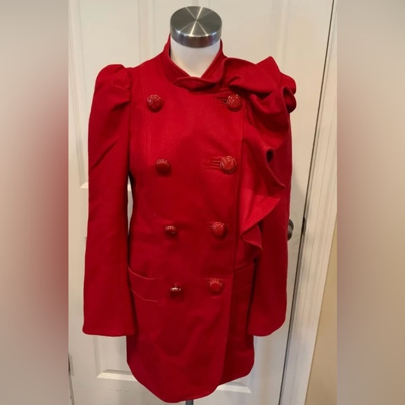 French Connection Womens Red Waterfall Ruffle Double Breasted Pea Coat Sz 10 - Picture 2 of 12